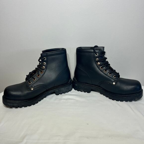 VTG Rugged Outdoors Boots Black Faux Leather Lace Up Grunge Gothic Combat Work 7 - Picture 2 of 9